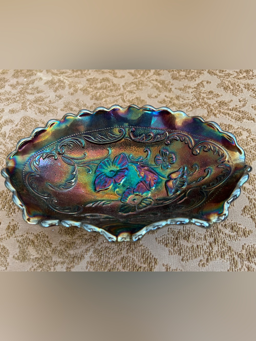 Vintage 1970’s Fenton Poppy Carnival Glass Oval Candy Dish